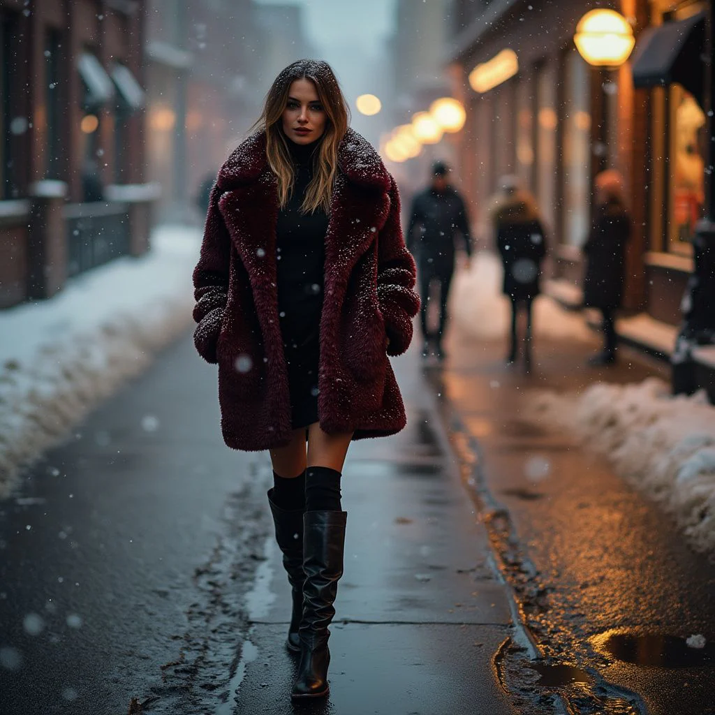 Trendy woman walking in Meckiss knee-high boots in an urban winter setting, showing both comfort and style,Meckiss Boots, Winter Fashion, Women’s Footwear, Knee-High Boots, Fashion Reviews 2025.