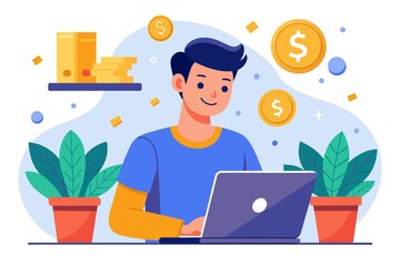 A modern flat-style illustration of a person working from a laptop with money symbols, product icons, and digital tools floating around. Alt Text: “Illustration showing top ways to make money online in 2025, including freelancing and digital products.”